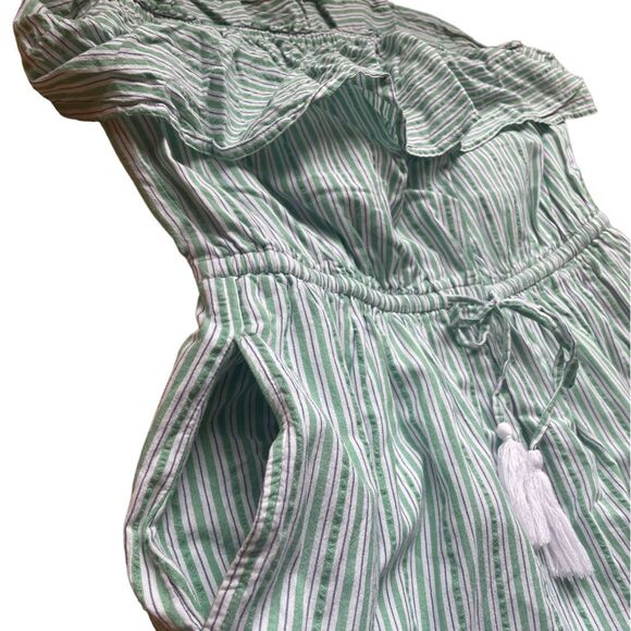 American Eagle Ruffle Top Mini Dress Green White Striped Strapless Womens Large - Picture 5 of 10